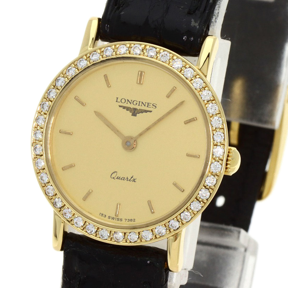 LONGINES Round face Diamond Bezel Watches  K18 Yellow Gold/Leather Ladies