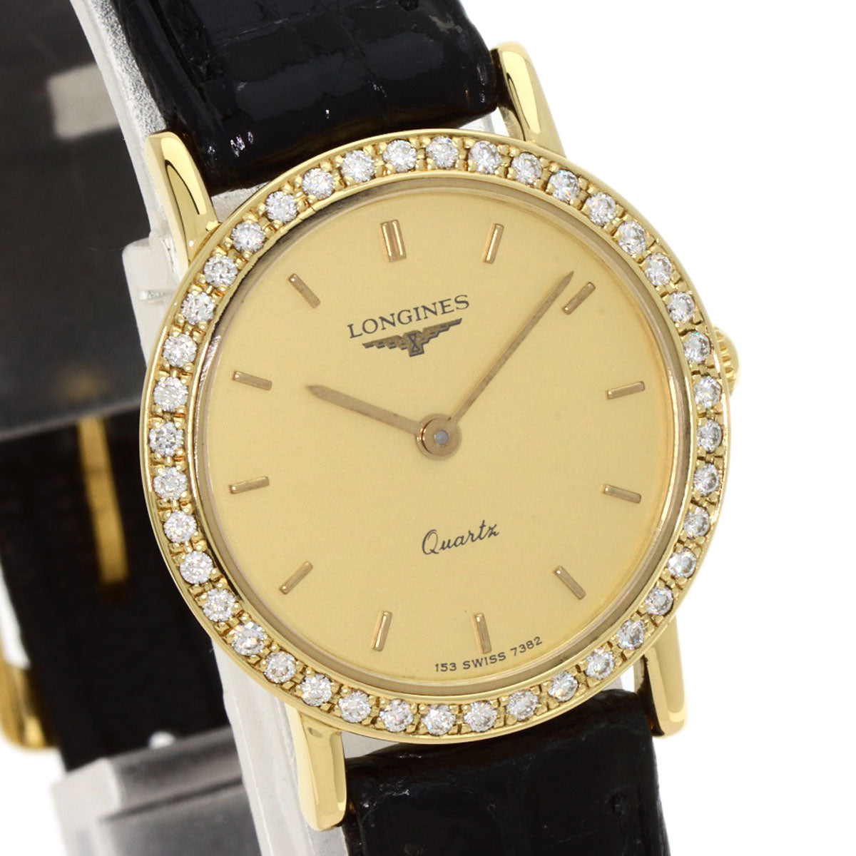 LONGINES Round face Diamond Bezel Watches  K18 Yellow Gold/Leather Ladies