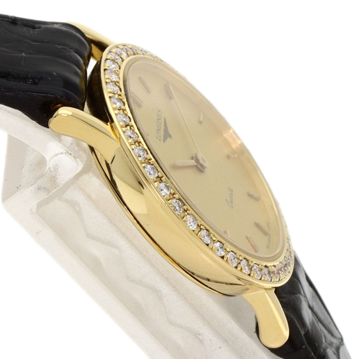 LONGINES Round face Diamond Bezel Watches  K18 Yellow Gold/Leather Ladies