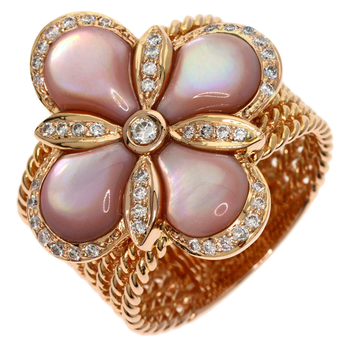 0.27ct Flower Motif Diamond Shell Ring K18 Pink Gold  11.1g　Ladies