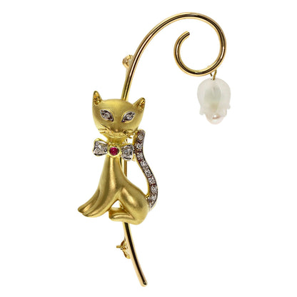 Cat motif Pearl Pearl Diamond Brooch K18 Yellow Gold K14 Yellow Gold 9.4g　Ladies