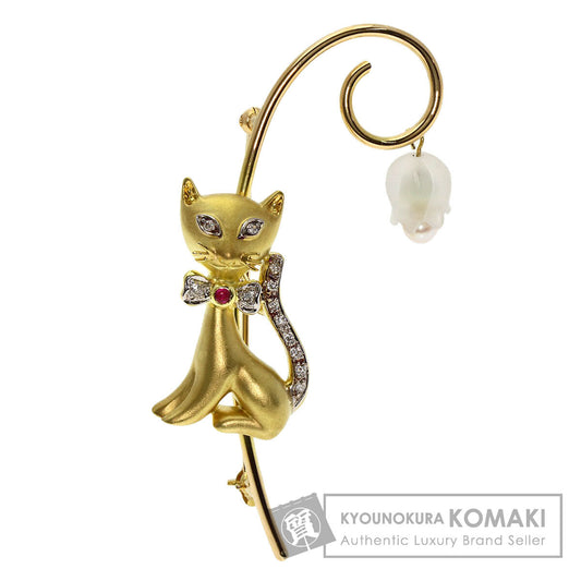 Cat motif Pearl Pearl Diamond Brooch K18 Yellow Gold K14 Yellow Gold 9.4g　Ladies