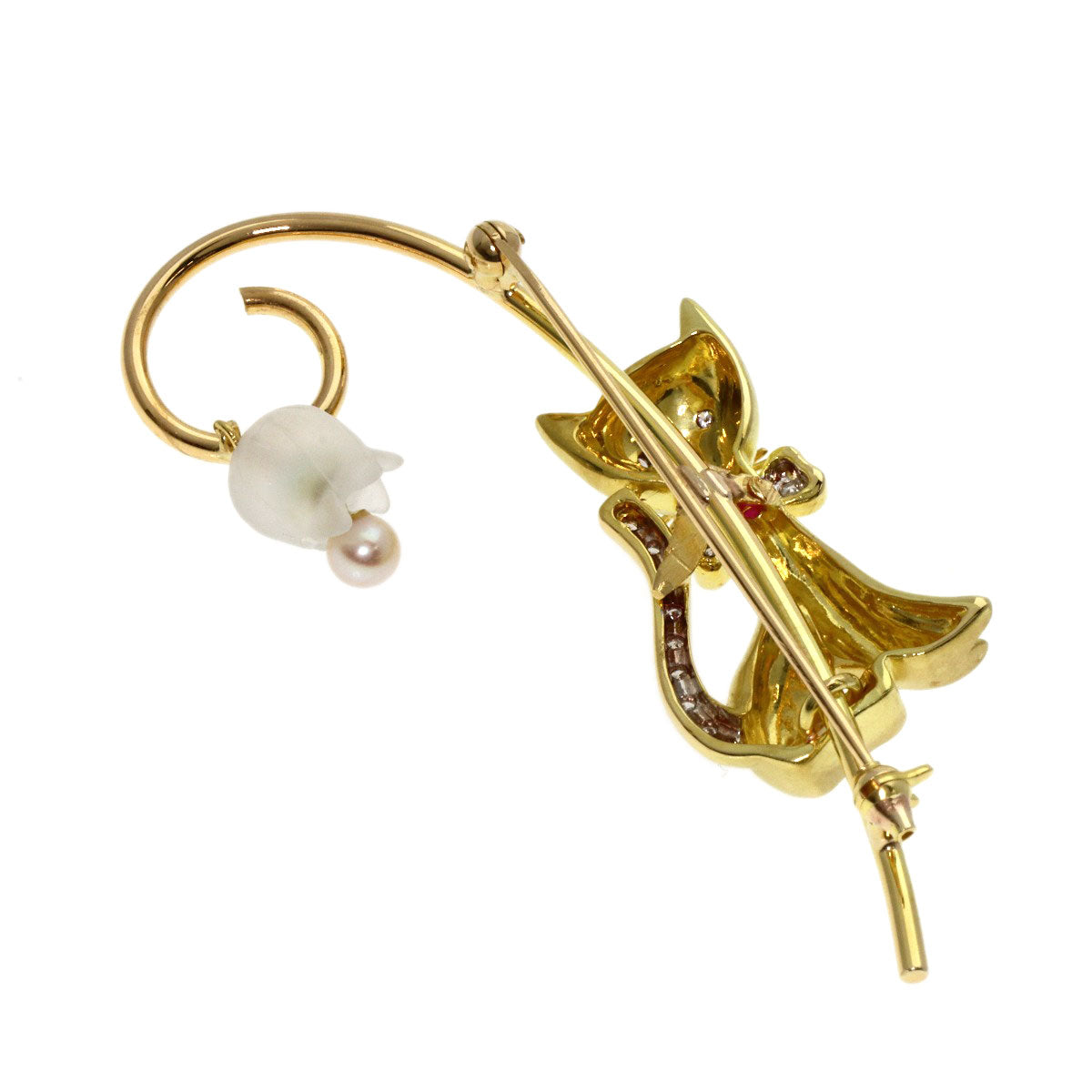 Cat motif Pearl Pearl Diamond Brooch K18 Yellow Gold K14 Yellow Gold 9.4g　Ladies