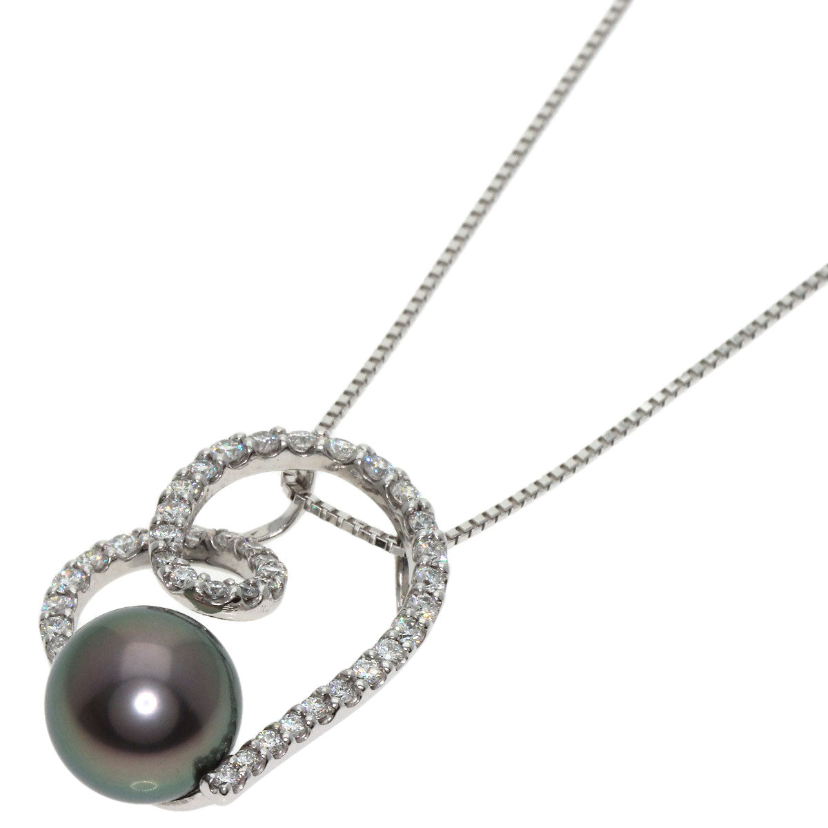 Black Pearl Pearl Diamond Necklace K18 White Gold  6.1g　Ladies