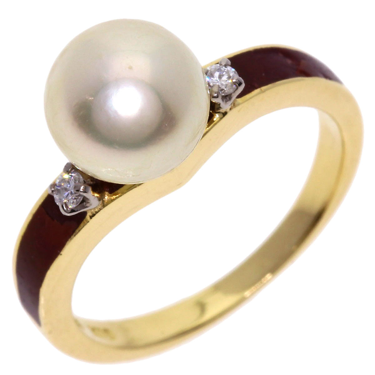 MIKIMOTO Akoya Pearl Pearl Enamel Diamond Ring K18 Yellow Gold Ladies [Used]