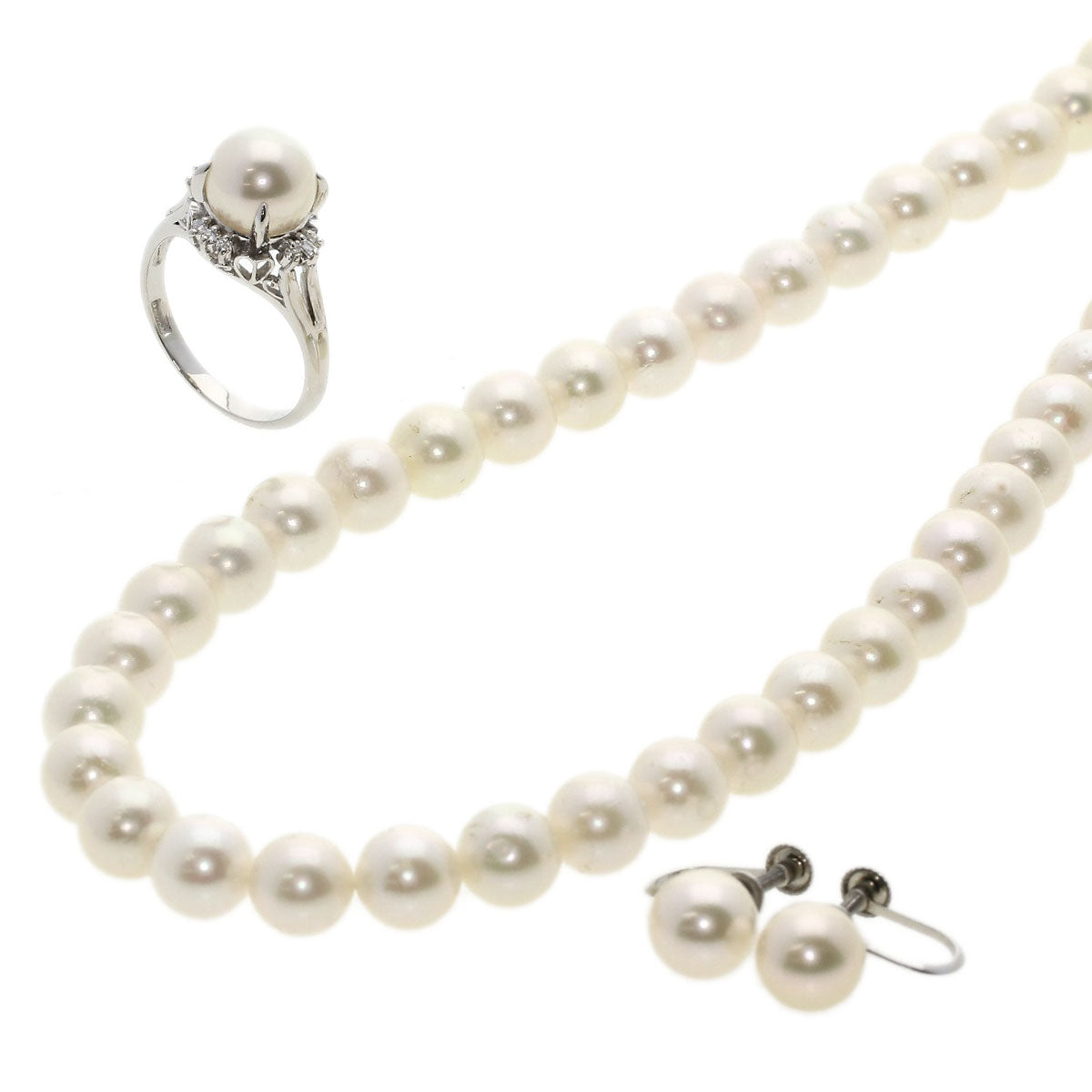 Akoya Pearl Pearl Diamond Earring and Ring 3-piece set Necklace Silver  37.6g　Ladies