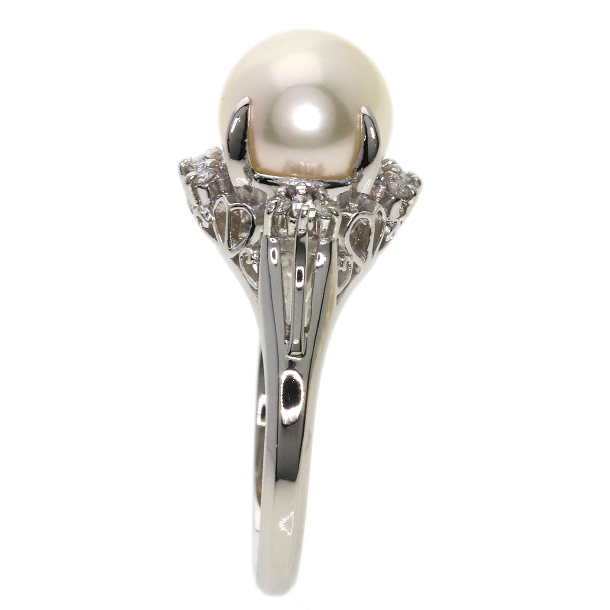 Akoya Pearl Pearl Diamond Earring and Ring 3-piece set Necklace Silver  37.6g　Ladies