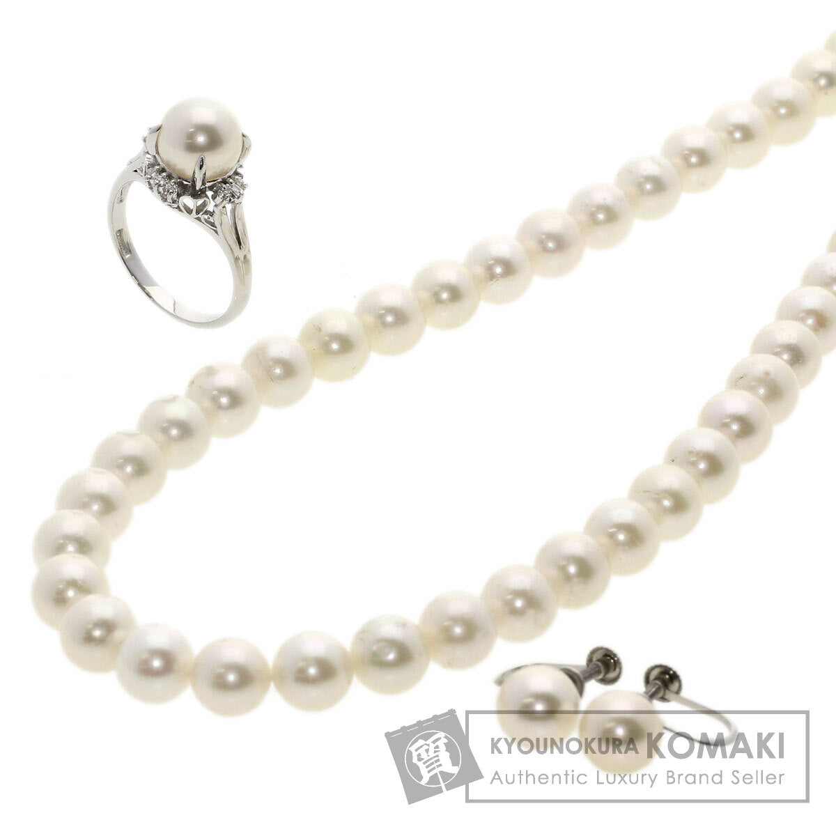 Akoya Pearl Pearl Diamond Earring and Ring 3-piece set Necklace Silver  37.6g　Ladies