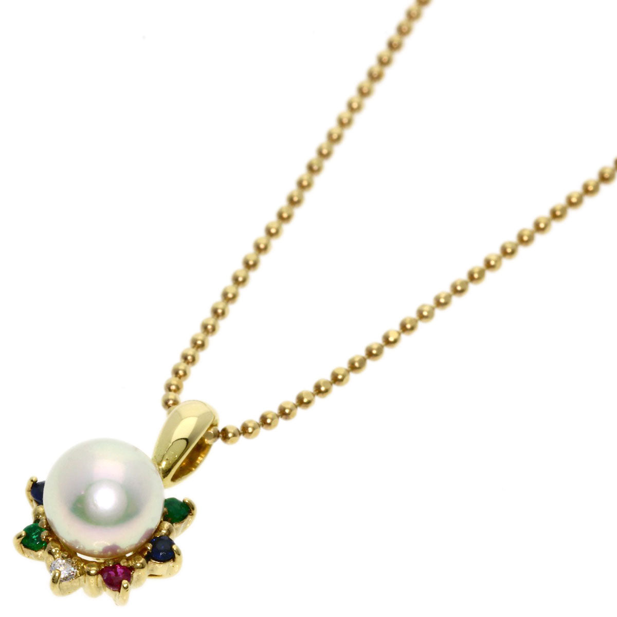 0.03ct Pearl Pearl Ruby Sapphire Emerald Diamond Necklace K18 Yellow Gold  4.6g　Ladies