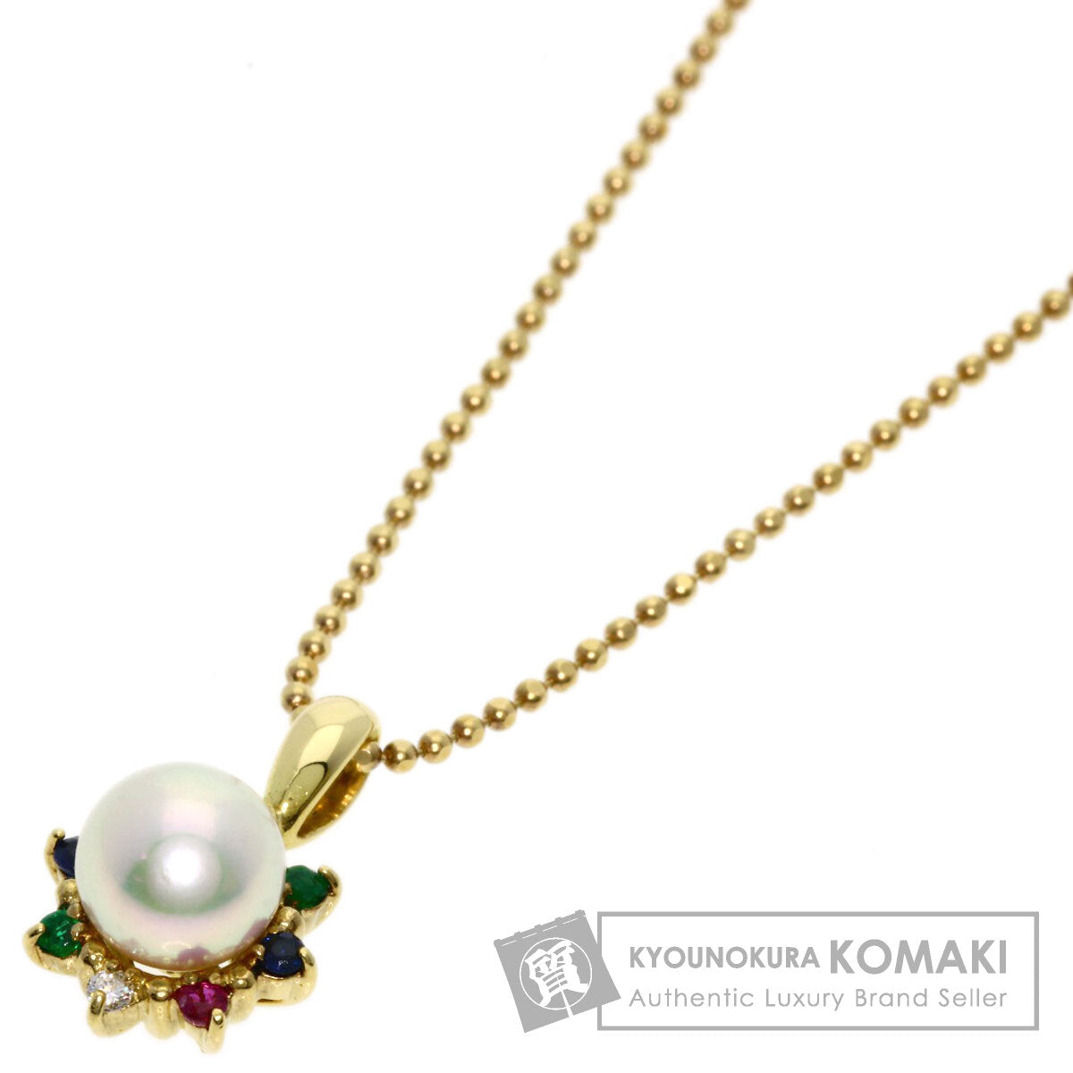 0.03ct Pearl Pearl Ruby Sapphire Emerald Diamond Necklace K18 Yellow Gold  4.6g　Ladies