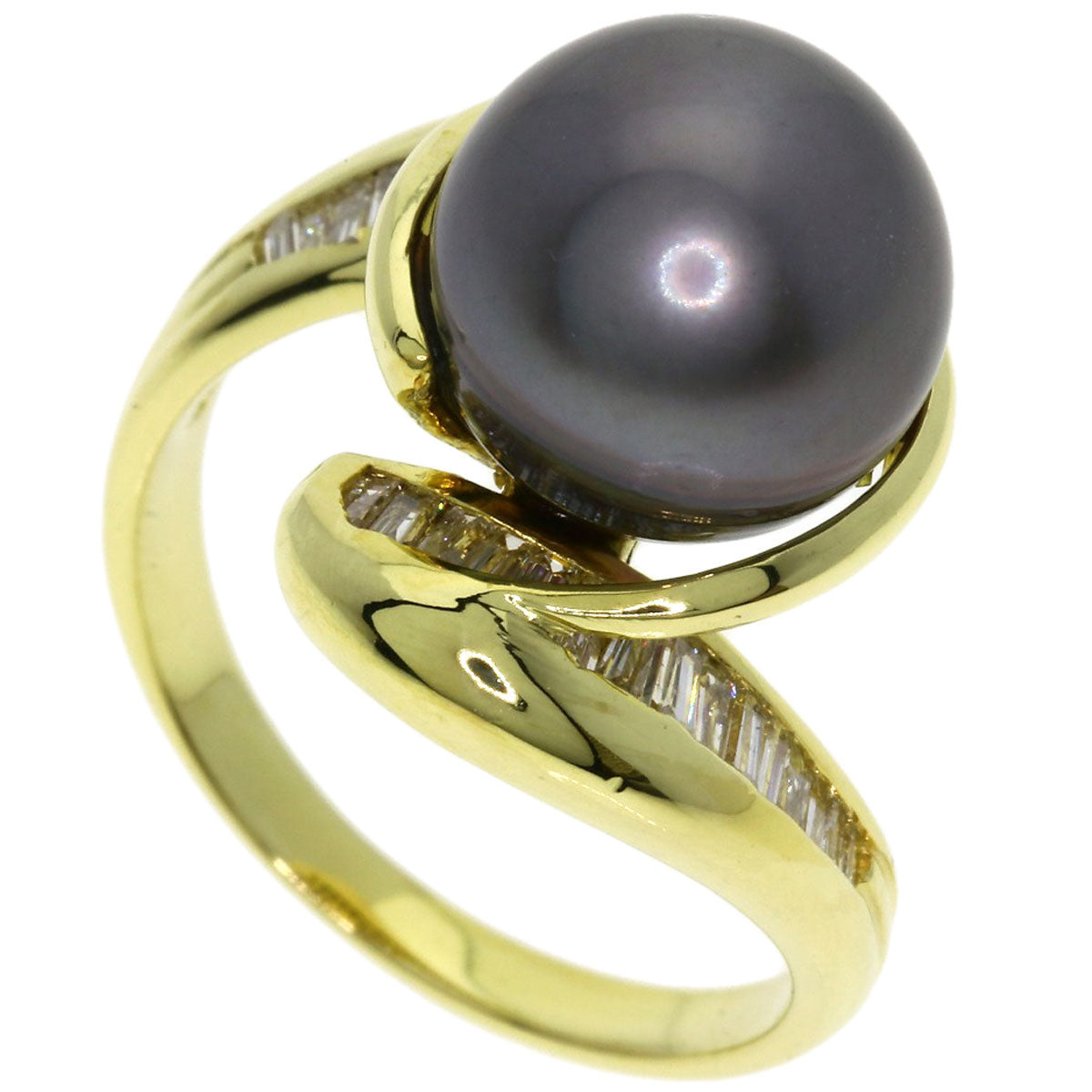 Black Pearl Pearl Diamond Ring K18 Yellow Gold  7.2g　Ladies