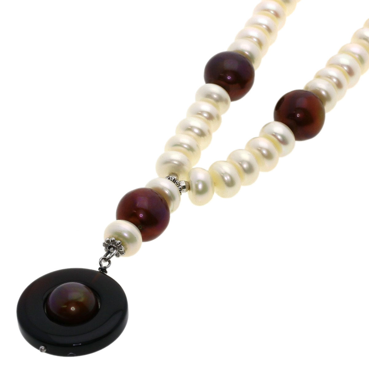 Freshwater Pearl Pearl Onyx Necklace Silver 47.7g　Ladies