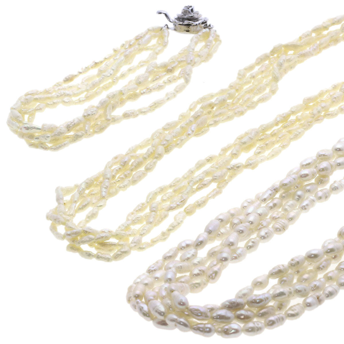 Freshwater Pearl 5-Row Bracelet Necklace 3-Piece Set Necklace Silver Metal 97.7g　Ladies