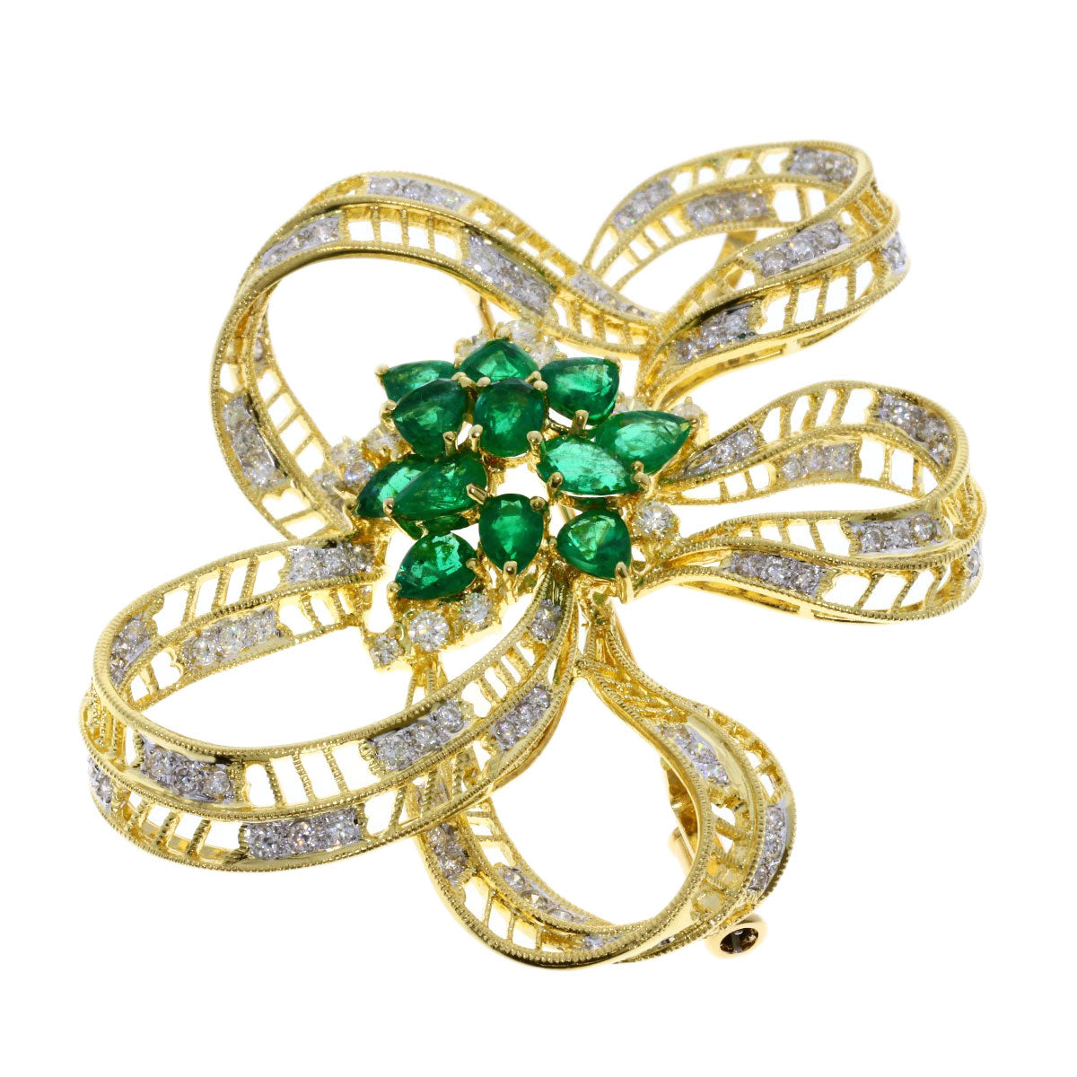 3.09ct Emerald Diamond Brooch K18 Yellow Gold  17.49g　Ladies