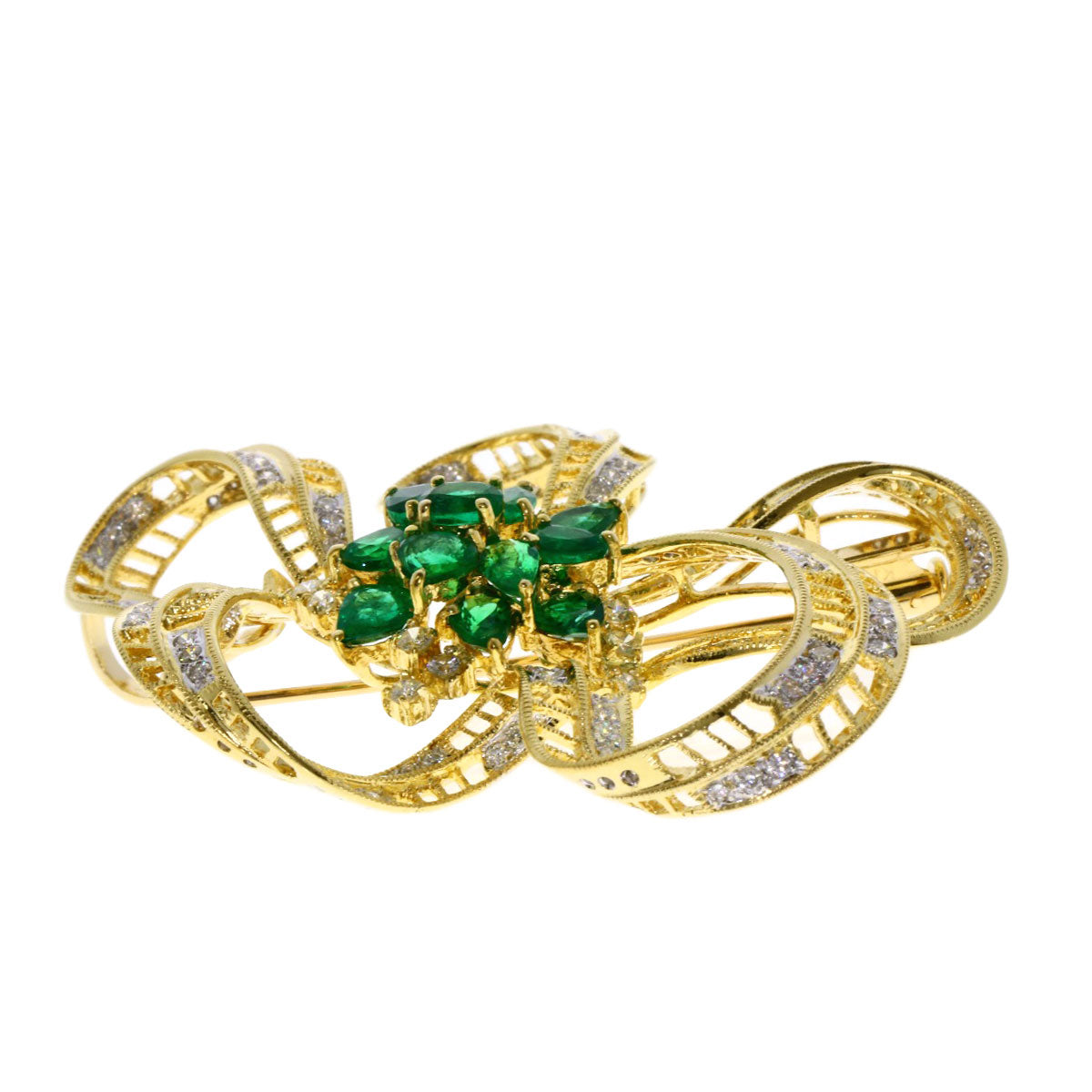 3.09ct Emerald Diamond Brooch K18 Yellow Gold  17.49g　Ladies