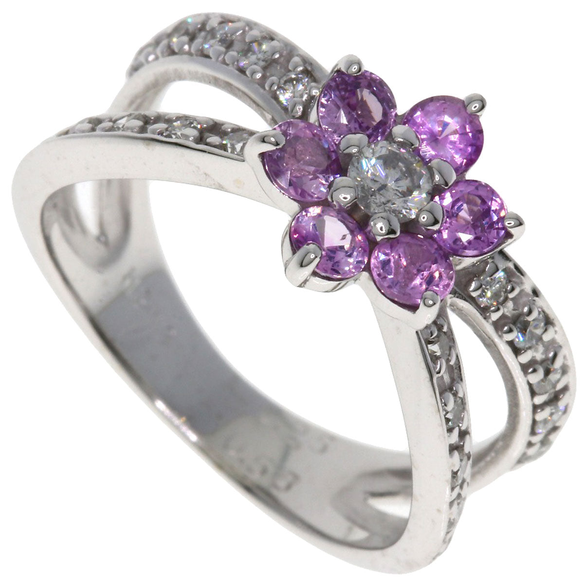 0.58ct Flower Motif Pink Sapphire Diamond Ring K18 White Gold  3.6g　Ladies