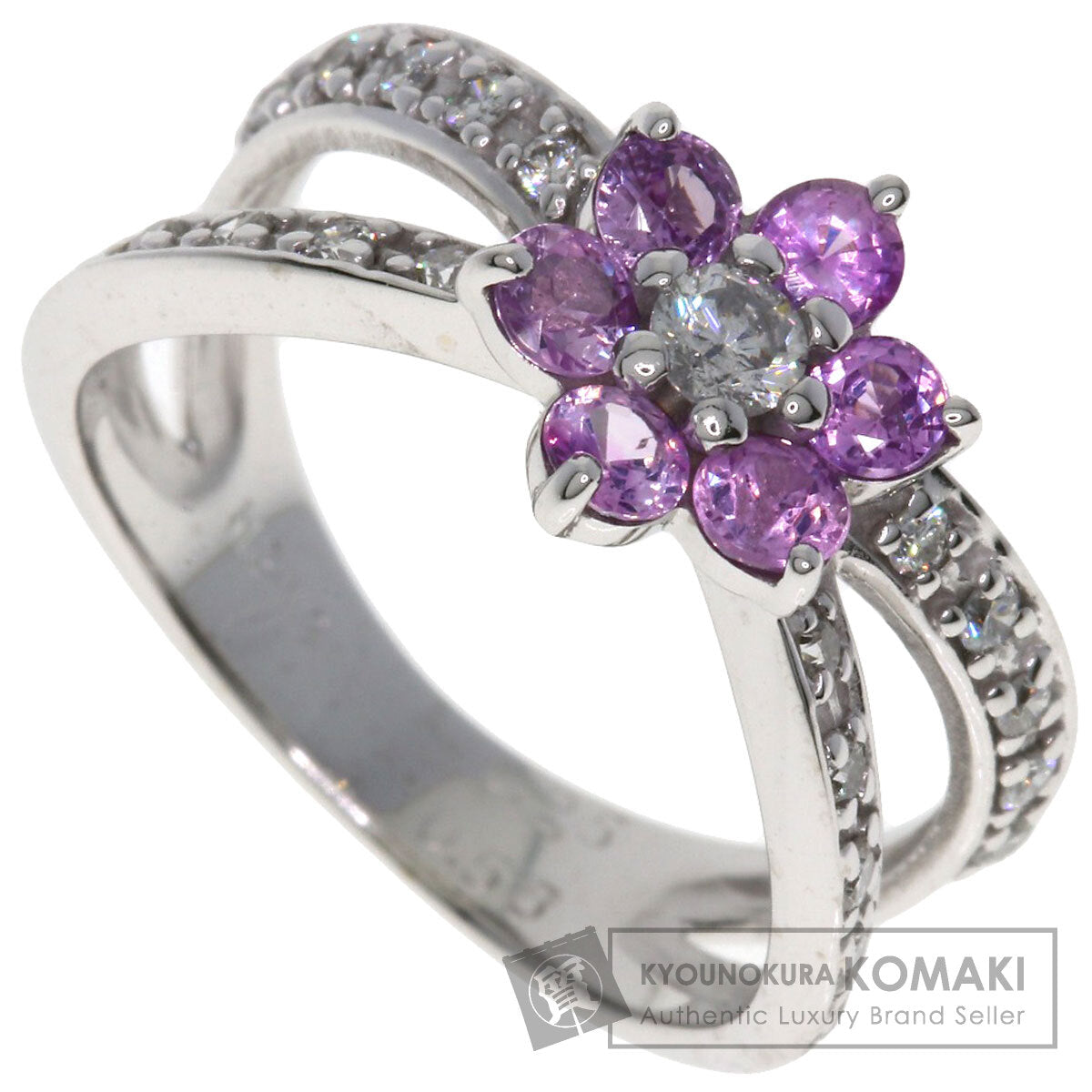 0.58ct Flower Motif Pink Sapphire Diamond Ring K18 White Gold  3.6g　Ladies