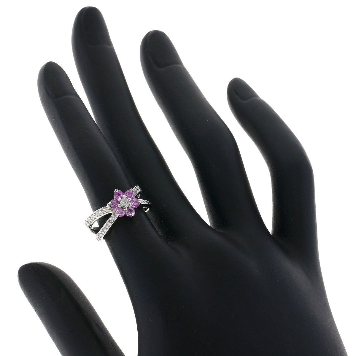 0.58ct Flower Motif Pink Sapphire Diamond Ring K18 White Gold  3.6g　Ladies