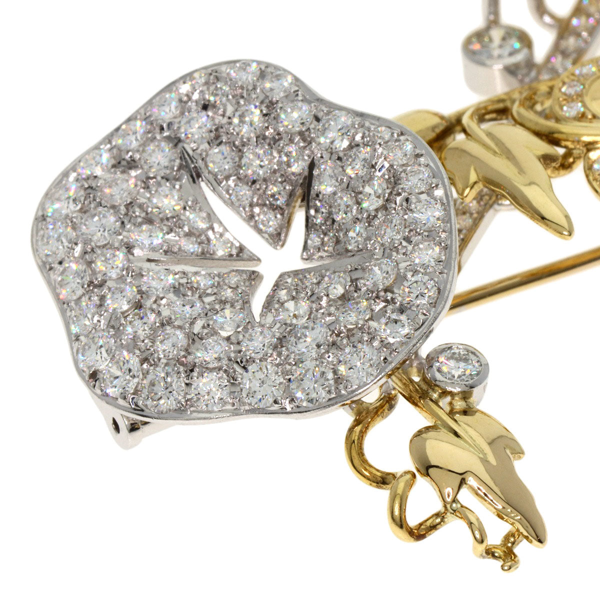 2.84ct Morning glory motif Diamond Brooch K18 Yellow Gold PT900 19.4g　Ladies