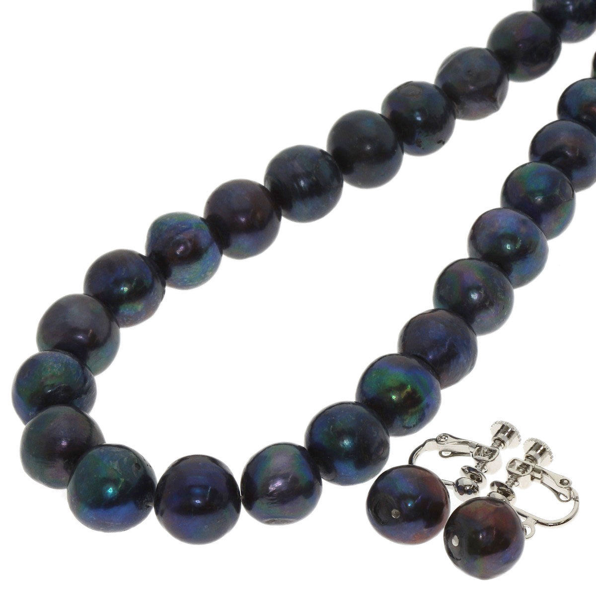 Pearl Earrings 2-piece set Dyed Necklace Silver 97.4g　Ladies