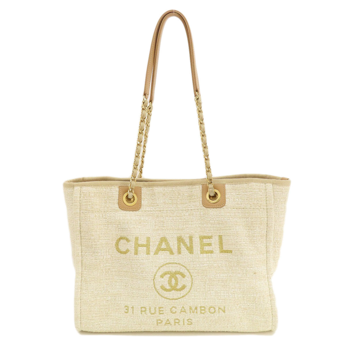 CHANEL   Tote Bag Deauville MM GoldHardware Tweed Ladies