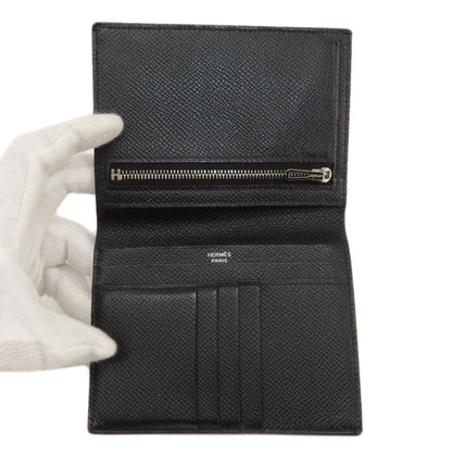 HERMES Bearn Compact Black SilverHardware Bifold Wallet with Coin Pocket Epsom Ladies [Used]