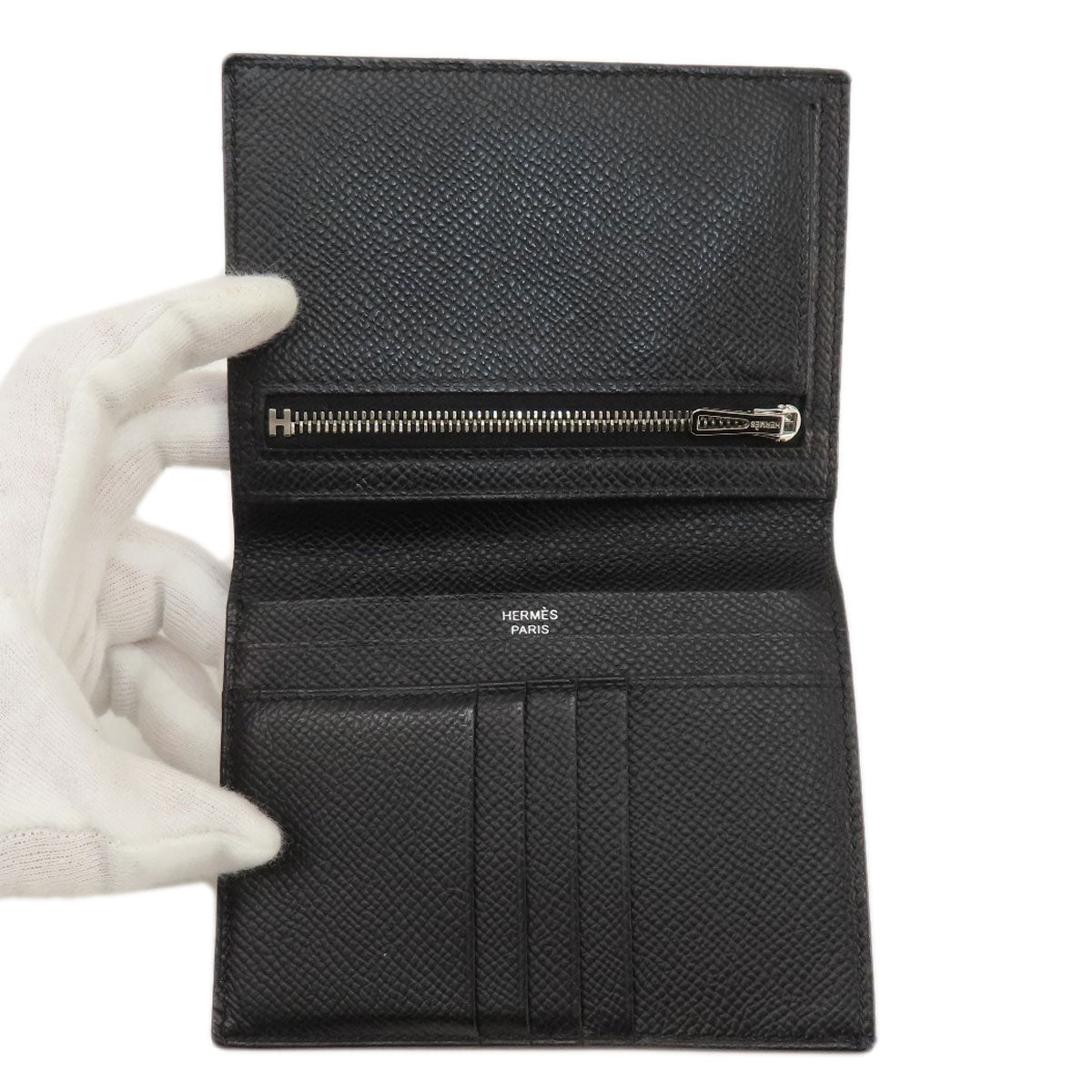 HERMES   Bifold Wallet with Coin Pocket Bearn Compact Black SilverHardware Epsom Ladies