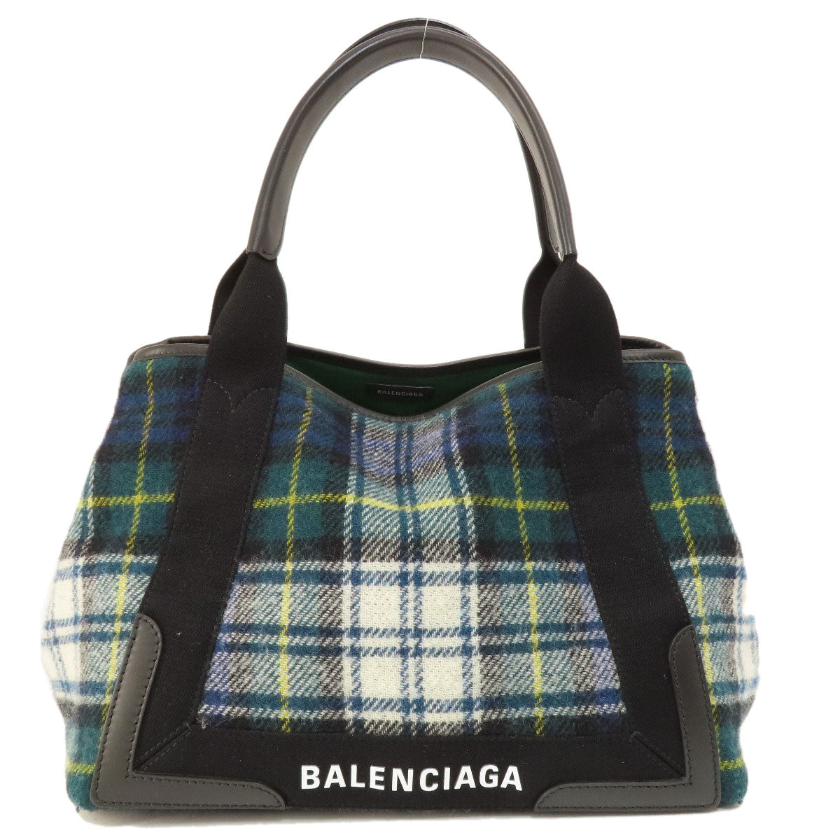 BALENCIAGA 339933 NAVY CABAS Checkpattern Handbag wool Ladies [Used]