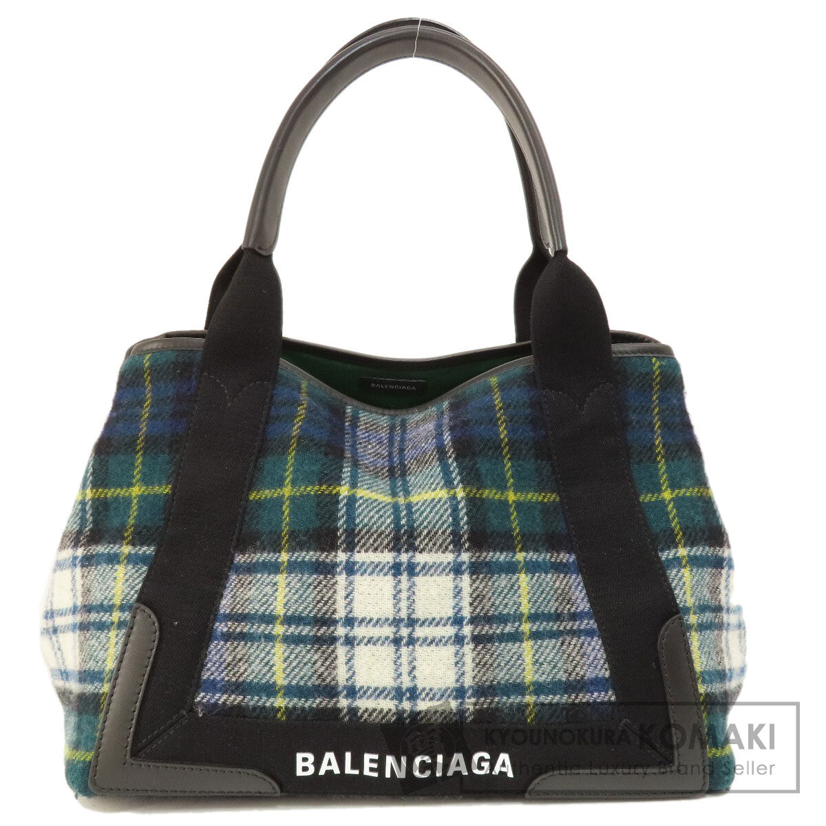 BALENCIAGA 339933 NAVY CABAS Checkpattern Handbag wool Ladies [Used]