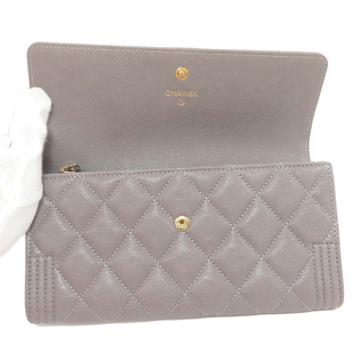 CHANEL   Long wallet (with coin pocket) Boy Chanel GoldHardware Caviar skin Ladies