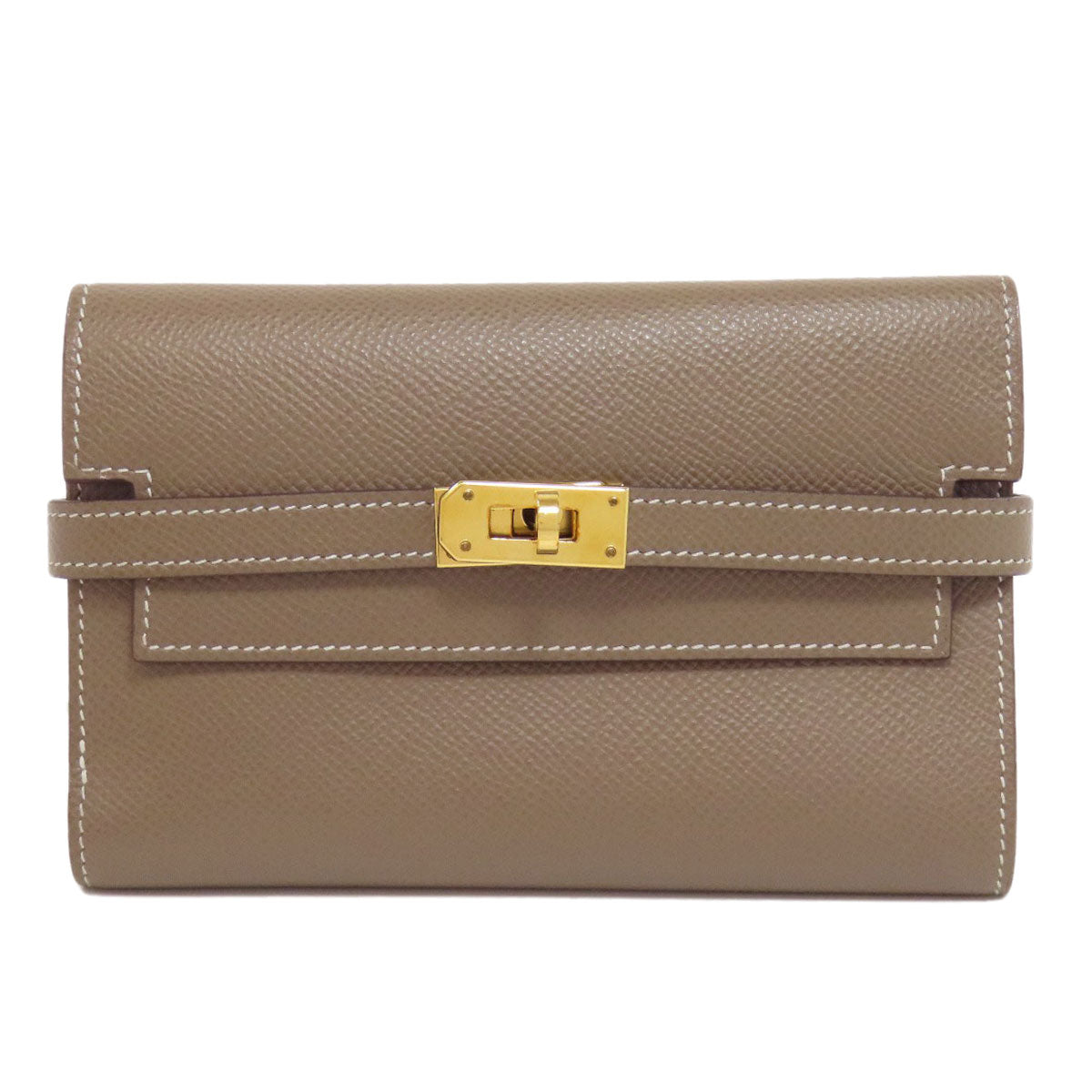 HERMES   Bifold Wallet with Coin Pocket Kelly Wallet Compact Etoupe GoldHardware Epsom Ladies