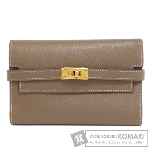 HERMES   Bifold Wallet with Coin Pocket Kelly Wallet Compact Etoupe GoldHardware Epsom Ladies