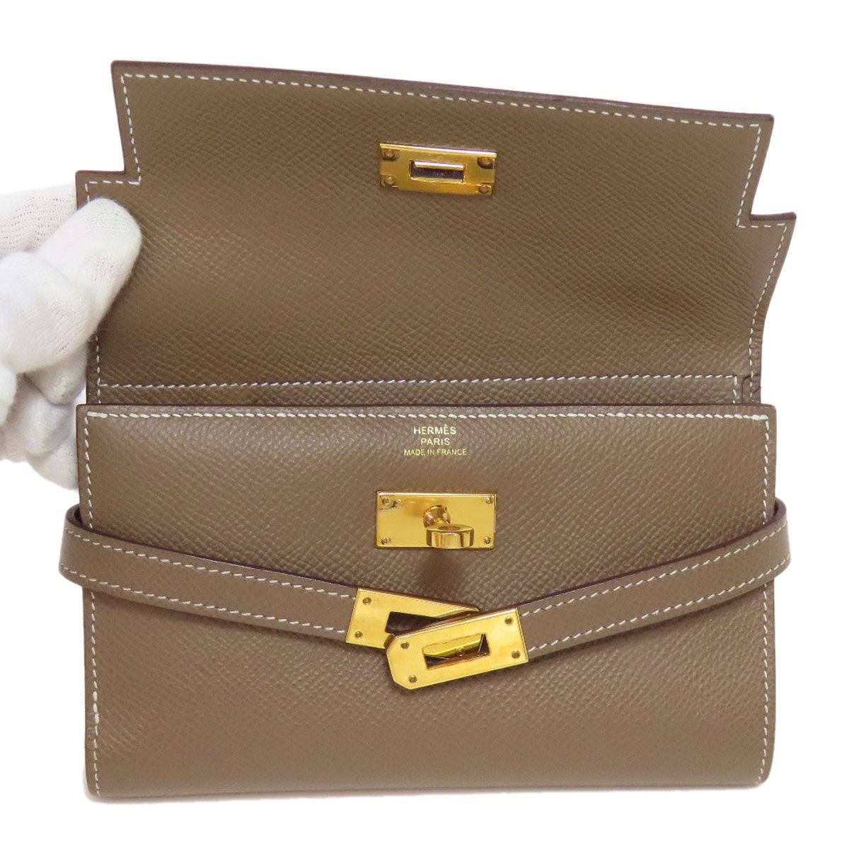 HERMES   Bifold Wallet with Coin Pocket Kelly Wallet Compact Etoupe GoldHardware Epsom Ladies