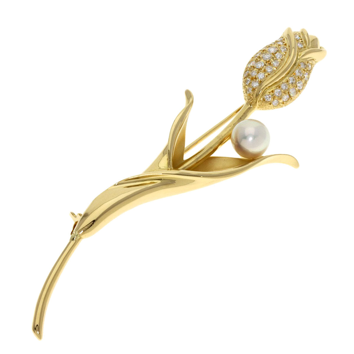 MIKIMOTO   Brooch Pearl Diamond Tulip Motif K18 Yellow Gold Ladies