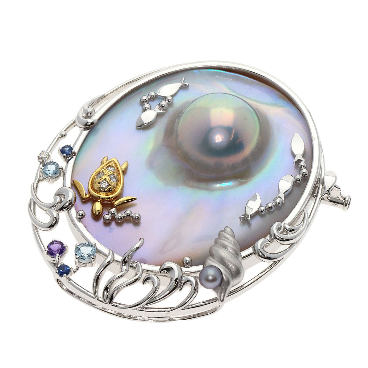 TASAKI Mabe Pearl Pearl Sea Motif Color Stone Brooch K18 White Gold Ladies [Used]