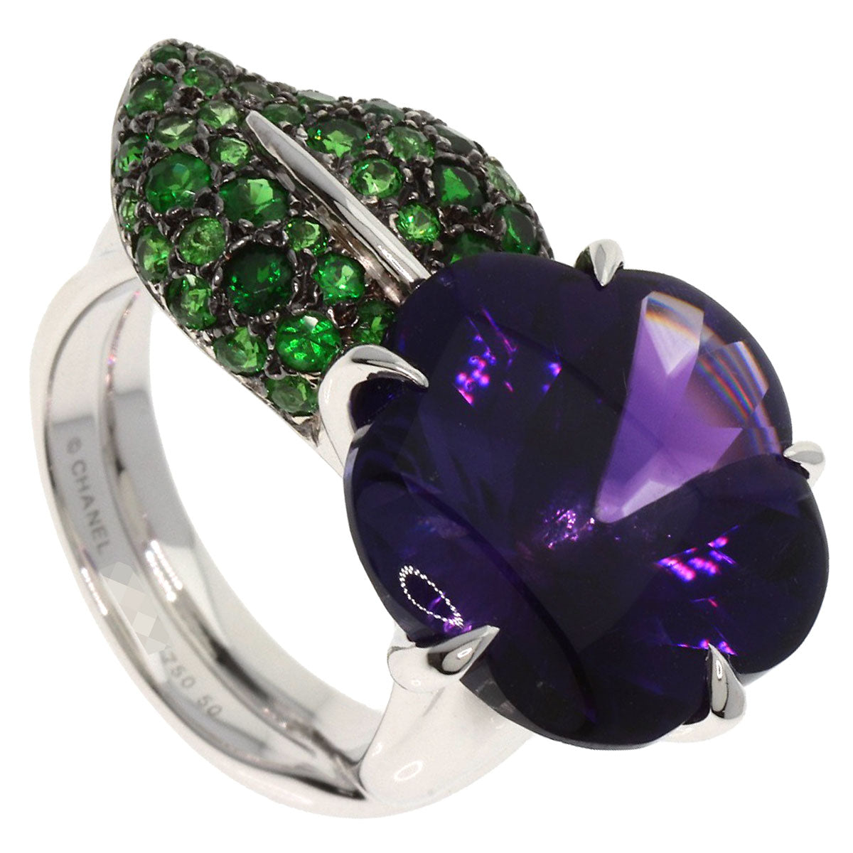 CHANEL Camellia Amethyst Garnet #50 Ring K18 White Gold Ladies [Used]