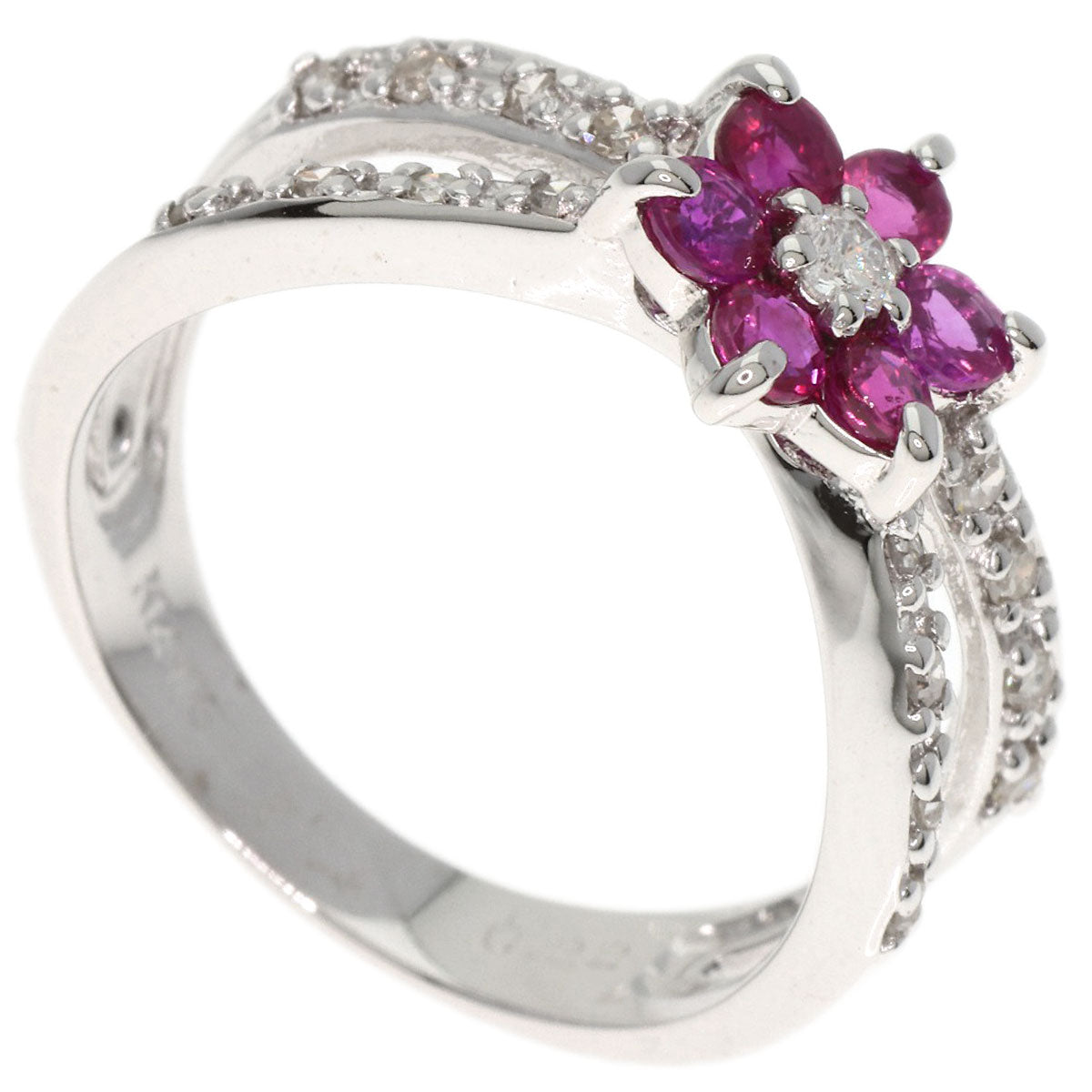 0.22ct Flower Diamond Ruby Ring K14 White Gold 3.2g　Ladies