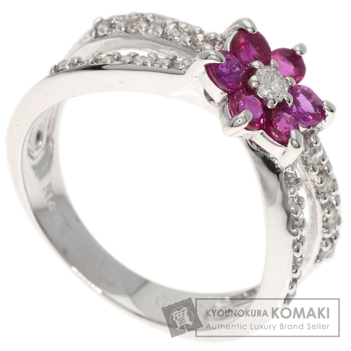 0.22ct Flower Diamond Ruby Ring K14 White Gold 3.2g　Ladies