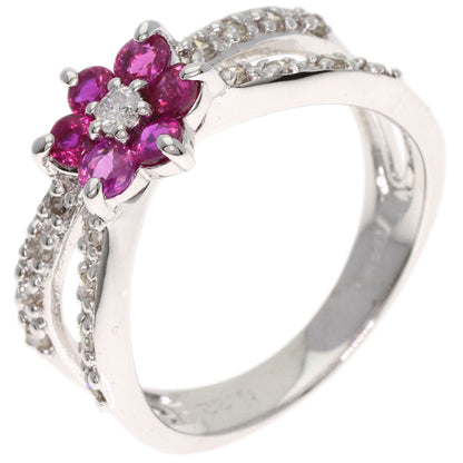 0.22ct Flower Diamond Ruby Ring K14 White Gold 3.2g　Ladies