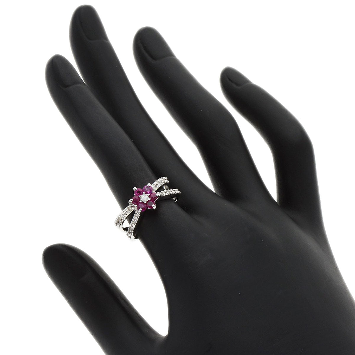 0.22ct Flower Diamond Ruby Ring K14 White Gold 3.2g　Ladies