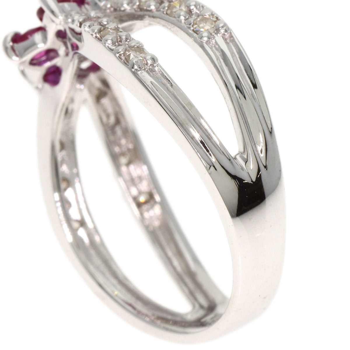 0.22ct Flower Diamond Ruby Ring K14 White Gold 3.2g　Ladies