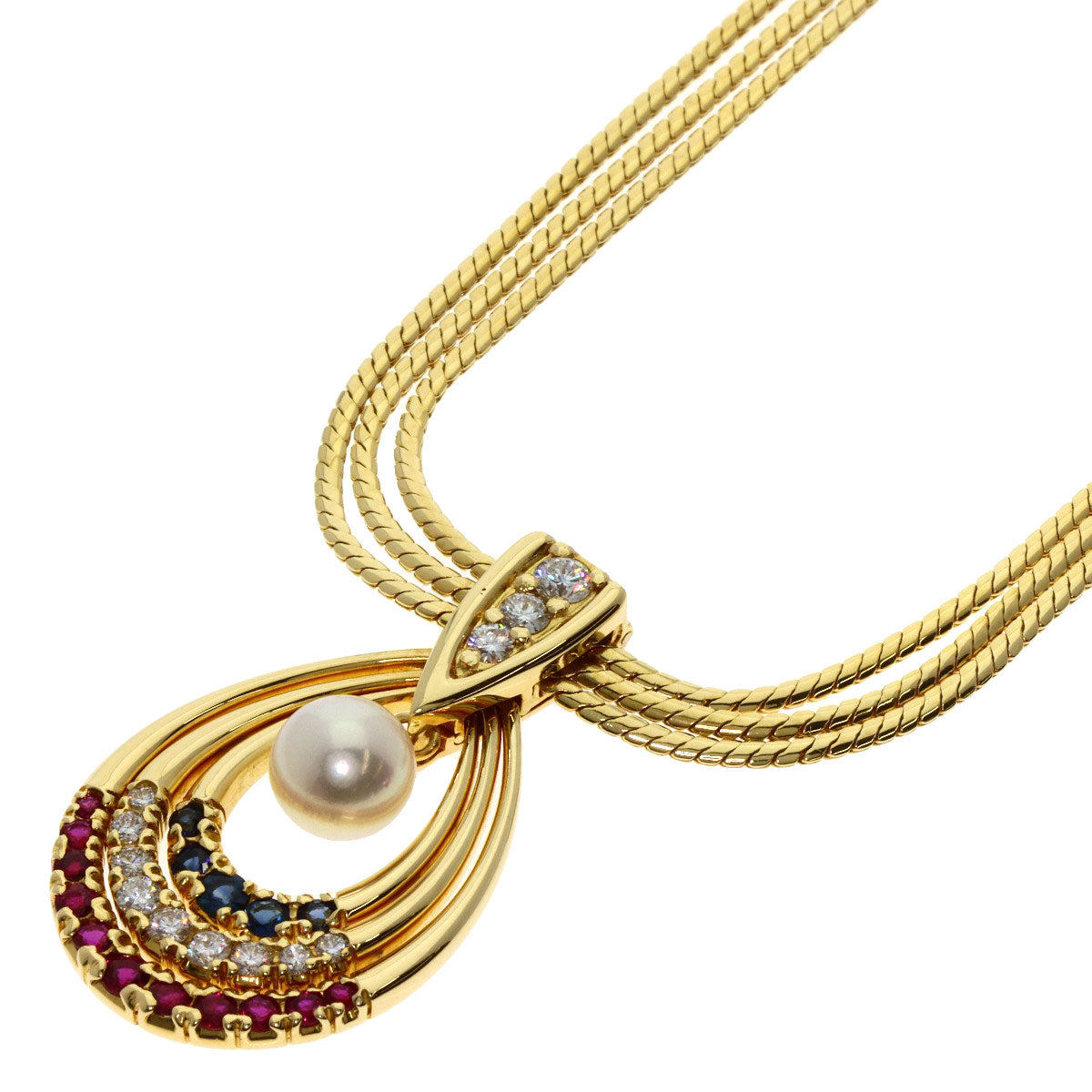 MIKIMOTO Pearl Pearl Ruby Sapphire Diamond Necklace K18 Yellow Gold Ladies [Used]