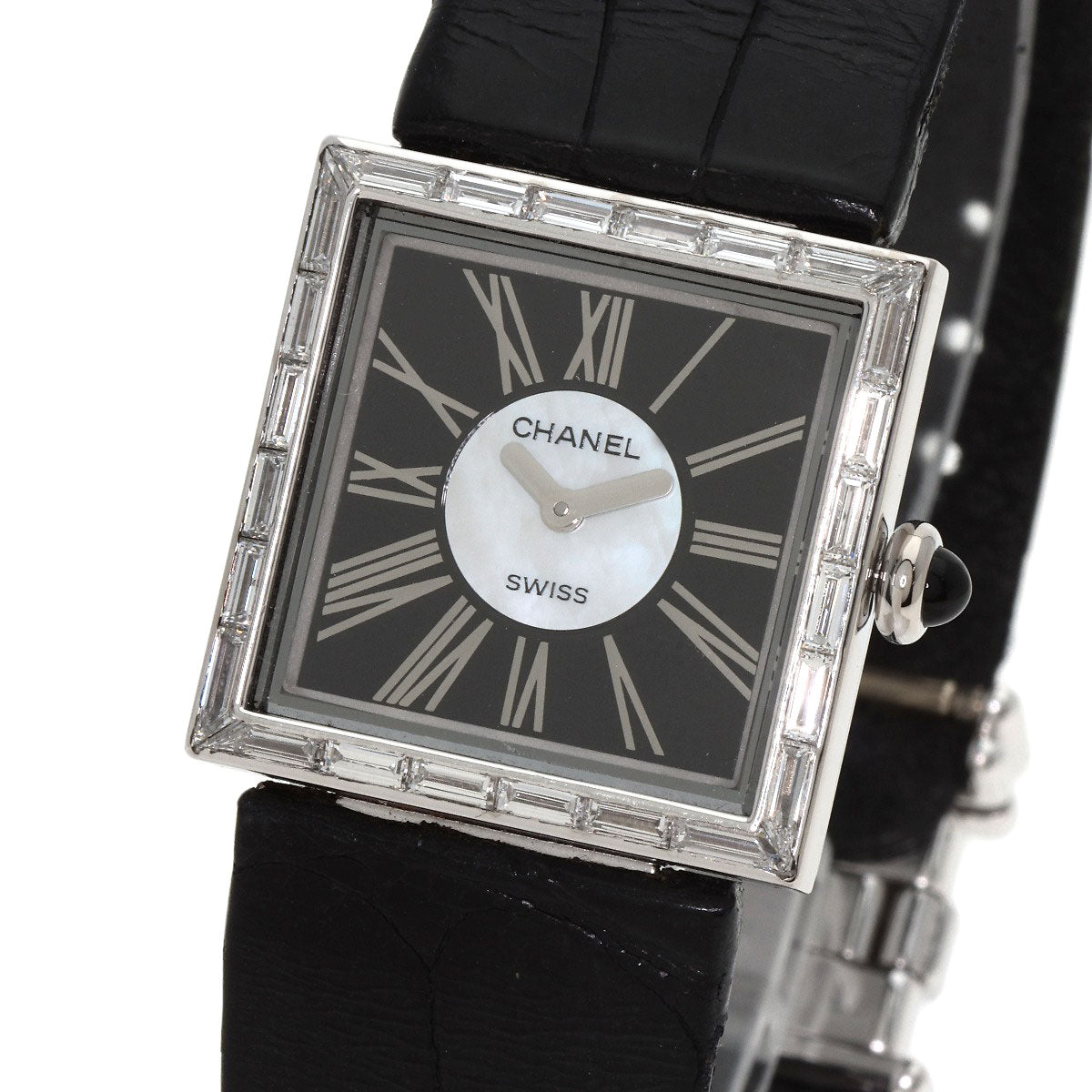 CHANEL Mademoiselle DiamondBezel Watches H0106 K18 White Gold/Leather Ladies