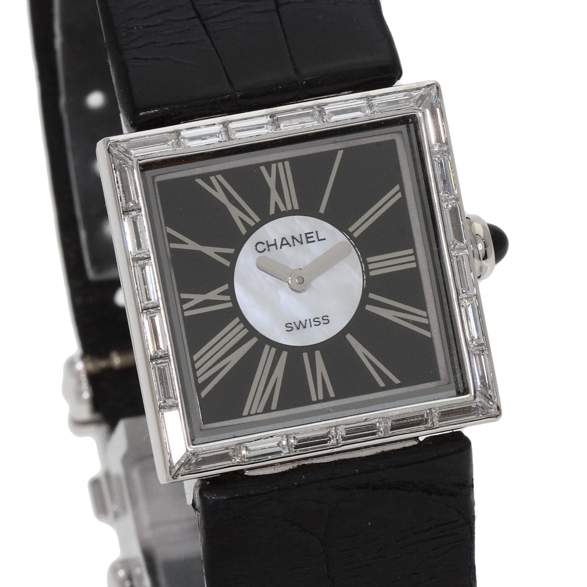 CHANEL Mademoiselle DiamondBezel Watches H0106 K18 White Gold/Leather Ladies