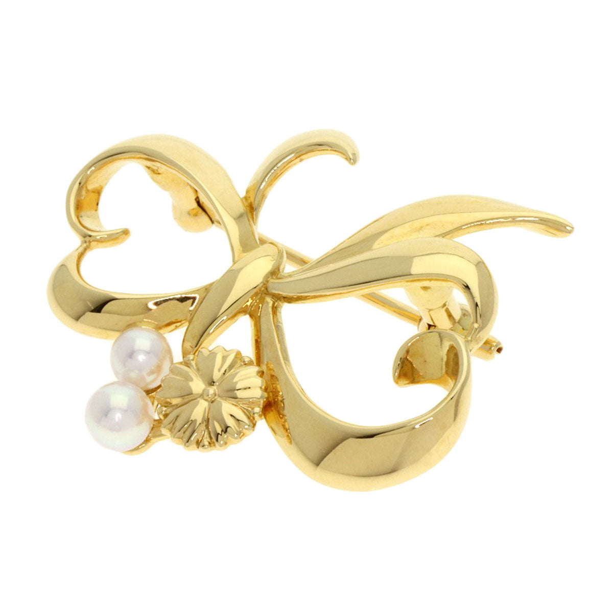 MIKIMOTO Pearl Pearl Ribbon motif Brooch K18 Yellow Gold Ladies [Used]
