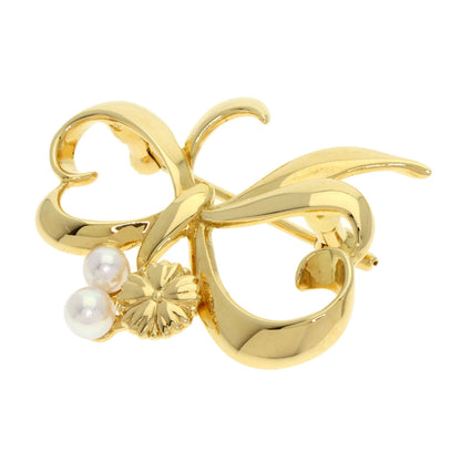 MIKIMOTO Pearl Pearl Ribbon motif Brooch K18 Yellow Gold Ladies [Used]