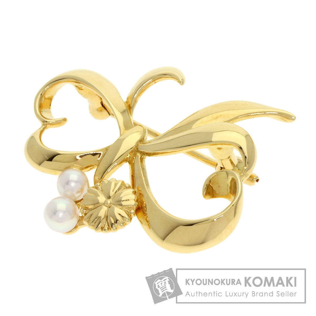 MIKIMOTO Pearl Pearl Ribbon motif Brooch K18 Yellow Gold Ladies [Used]