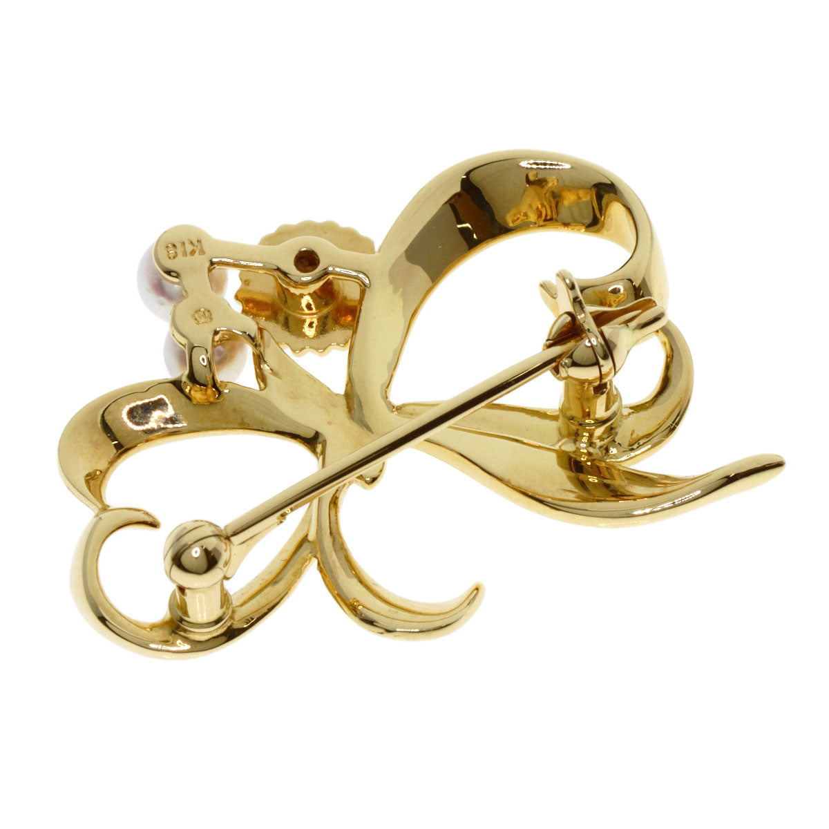 MIKIMOTO Pearl Pearl Ribbon motif Brooch K18 Yellow Gold Ladies [Used]