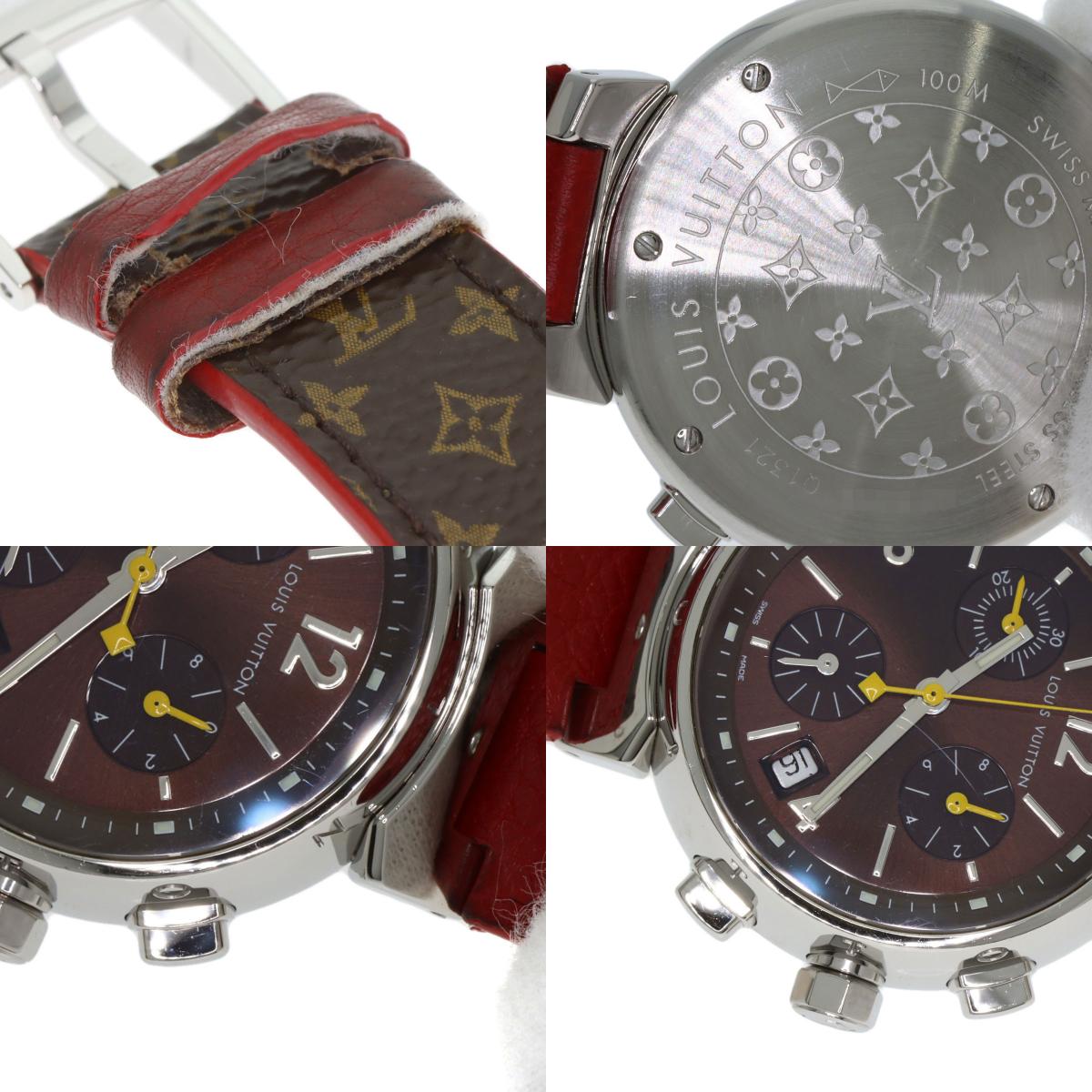 LOUIS VUITTON Tambour chronograph Watches Q1321 Stainless Steel/Leather Ladies