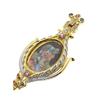 MITSUO KAJI Enamel Sapphire Ruby Diamond Pendant top K18 Yellow Gold Ladies [Used]
